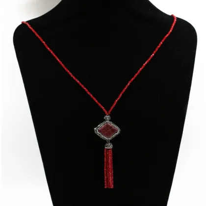 Fashion women accessories red jade stone jewelry tassel pendant necklace wholesale
