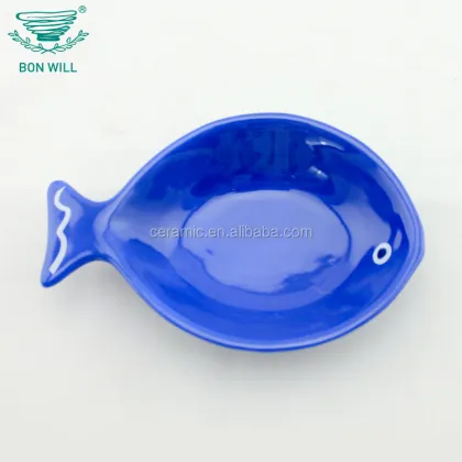 Unique Fish Shape Ocean Ceramic Plates with Blue Fish and Plant Patterns for Wholesale