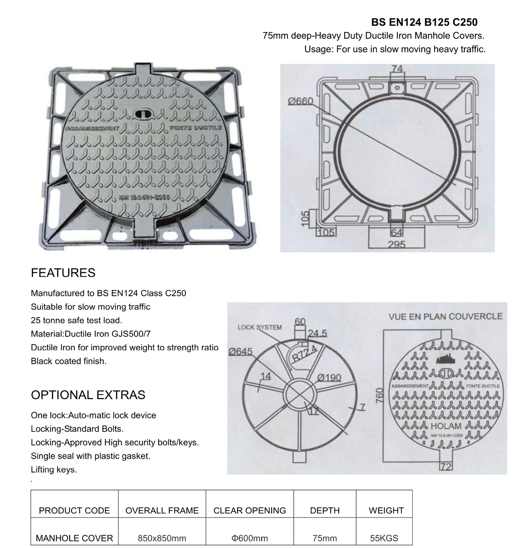 EN124 standard DN400 8 inch composite ductile iron manhole cover