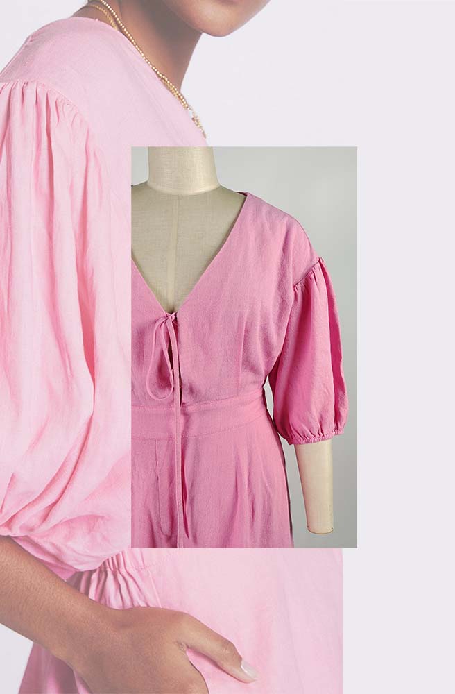 Skin-friendly V Neckline Puff-Sleeved Cotton Linen Romper