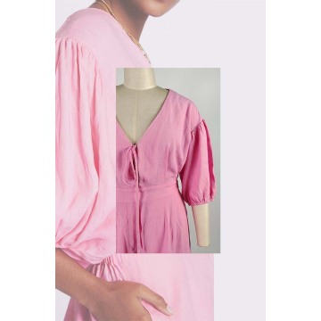 Skin-friendly V Neckline Puff-Sleeved Cotton Linen Romper