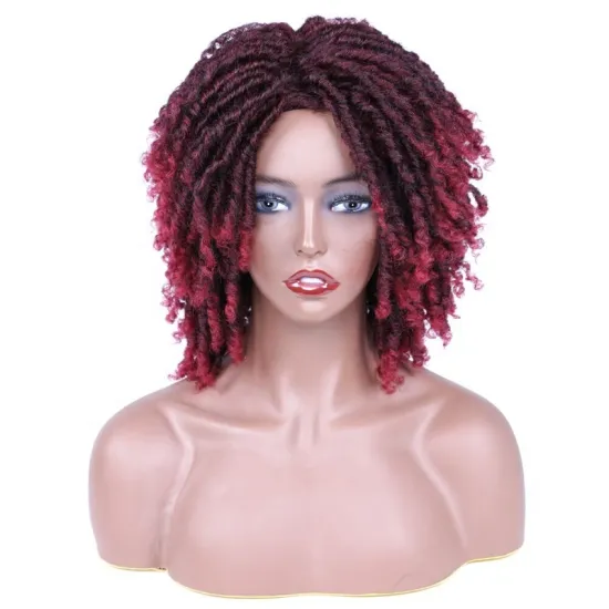 Harmony Hair Color Heat Resistant Afro Dreadlocks Braided Synthetic Wigs Burgundy for Black Women None Lace Wigs Short 6inch