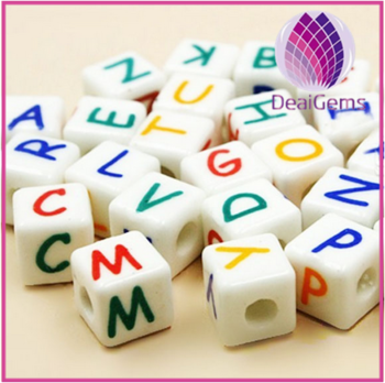 Beads porcelain,single letter alphabet beads,white, 10x10mm cube with 4mm hole ,colorful A-Z 26 Alphabet.