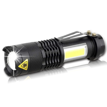 AA หรือ 14500 แบตเตอรี่ที่ใช้งานคลิป Pocket Mini Zoomable LED ไฟฉายพร้อมไฟน้ำท่วม COB สำหรับการตั้งแคมป์และกิจกรรมกลางแจ้ง