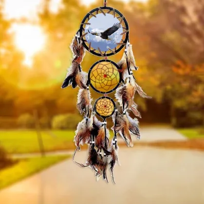 Wolf Dream Catcher with Feathers - Indian Head Oil Painting Home Wall Decor
