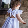 Girls' Cotton Linen Solid Color Bow Dress