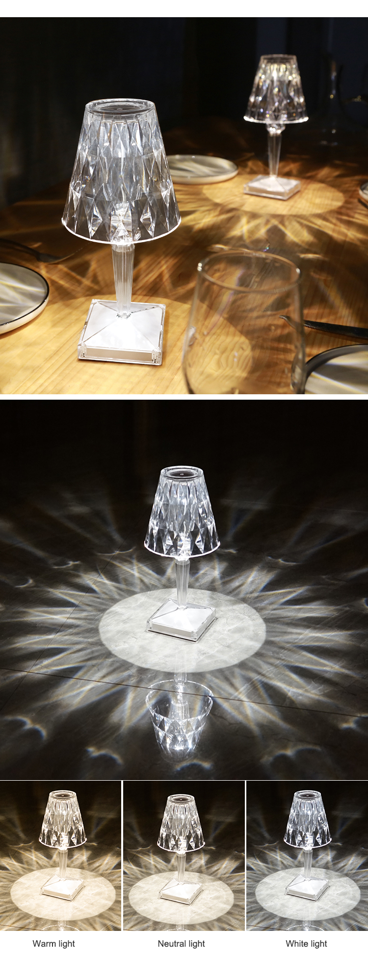 Candeeiro de mesa LED moderno para bar e restaurante cristal acrílico usb portátil