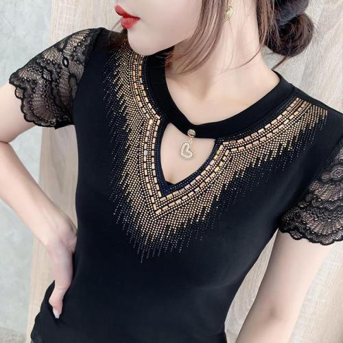 Tops Tees And Blouses Women'S Hot Diamond T-Shirt Lace Half Sleeve Supplier
