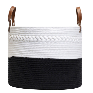 Braided Cotton Rope Storage Woven Basket Leather Handle
