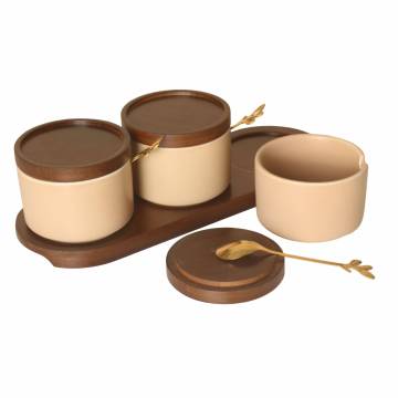 Ceramic Seasoning Pot with Wooden Pad and Lid - Kitchen Spice Box