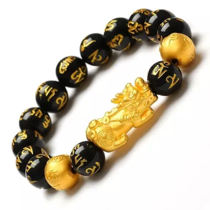 Custom 999 Pure Gold Fengshui Pixiu Bracelet with Black Obsidian for Wealth and Luck