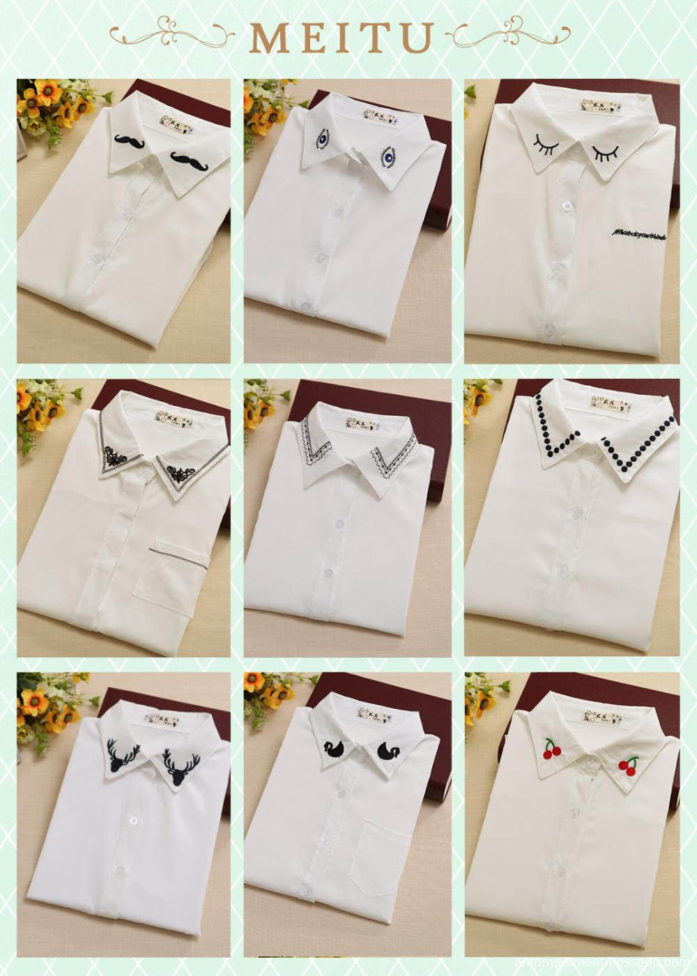 Women's white shirt with embroidery on collar point