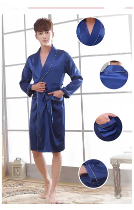 Men's long faux silk robe nightgown sleepwear
