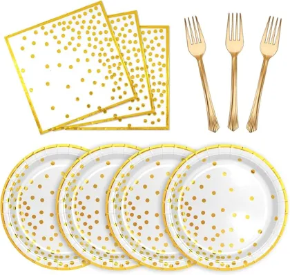 White Gold Paper Tableware Set - Dessert Plates, Napkins and Plastic Forks