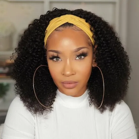 Wholesale No Lace Remy Brazilian Kinky Curly Natural Human Hair Headband Wigs
