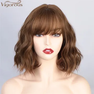 Vigorous 14 Inches Brown Short Wavy Synthetic Bob Wigs With Bangs Heat Resistant Fiber Cosplay Wig Fashion Girl Women