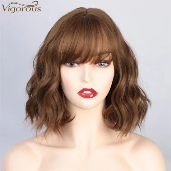 Vigorous 14 Inches Brown Short Wavy Synthetic Bob Wigs With Bangs Heat Resistant Fiber Cosplay Wig Fashion Girl Women