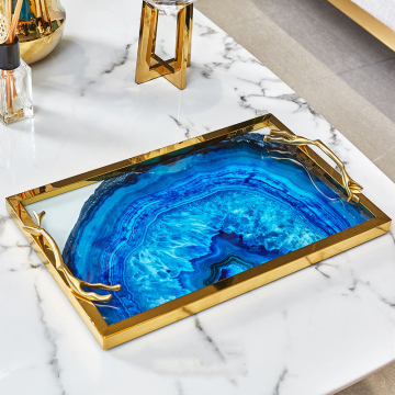 Modern Light Luxury Blue Agate Metal Tray for Home Decor