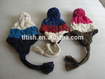 twisted sweathe and stripes knitted earflap hats with pompoms