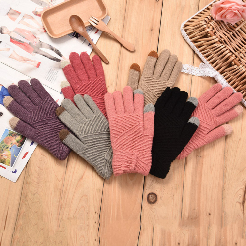 Women Gloves Winter Woolen Knitted Gloves Touch Screen Mittens Keep Warm Female Winter Full Finger Stripe Gloves Fashion Autumn