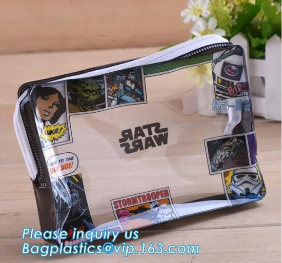 slider zip lock plastic cosmetic bags, Supply custom pvc ziplock pouch slider zipper plastic garment t shirt bags, Clear PVC Cos