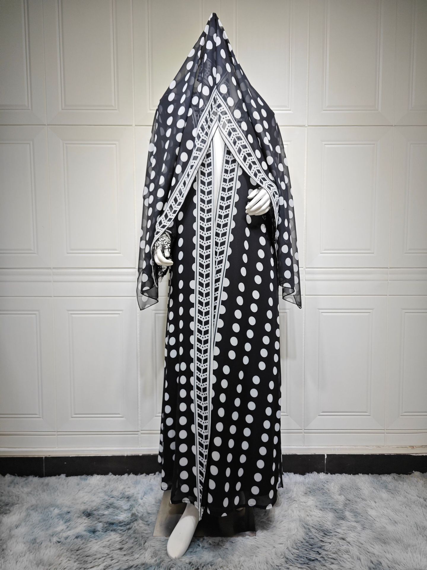 Polka Dot Print Chiffon Open Abaya Set MQ273 (9)