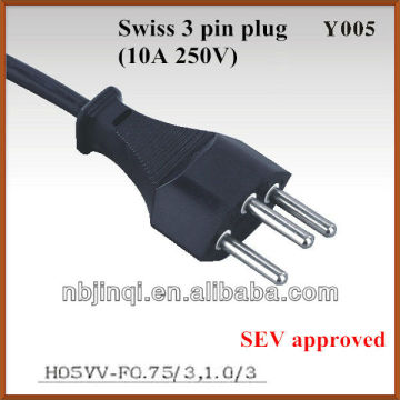 Swiss 3 pin power plug (SEV approved) with AC power cord