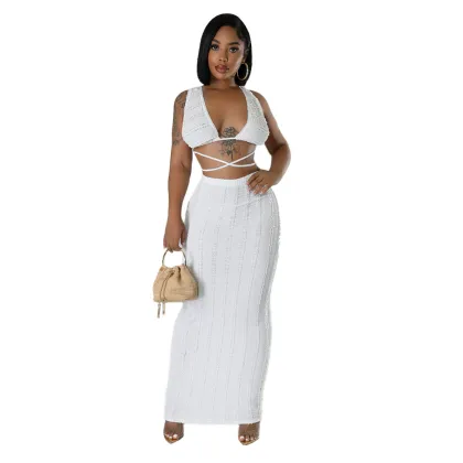 European American Style Sleeveless Lace-Up Backless Summer Women's Clothing Set
