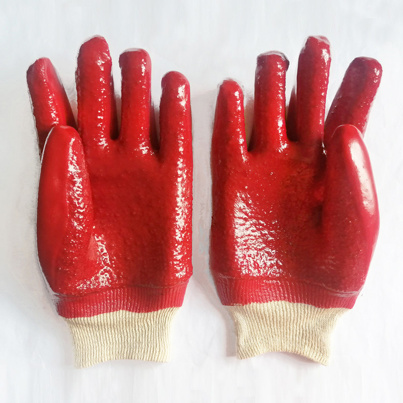 Red heavy duty industrial pvc gloves knit wrist