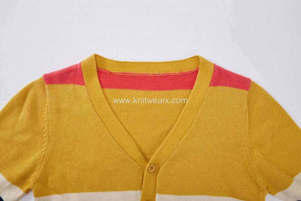 Boy's Knitted Bright Stripes Buttoned Pocket Cardigan