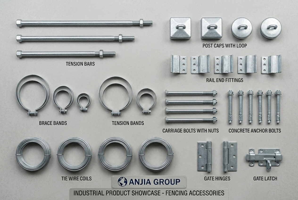 ANJIA Group complete set of fence fittings including tension bars post caps rail ends brace bands gate hinges