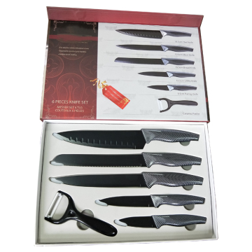 Black 6 Piece Non-Stick Kitchen Knife Set with Peeler and Water Transfer Print Handles