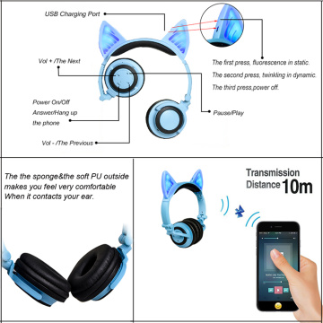 Bluetooth colorea los auriculares del oído del gatito del gato del LED de los niños