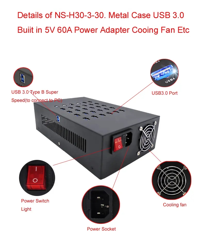 Details of NS-H30-3-30. Metal Case USB 3.0  Buiit in 5V 60A Power Adapter Cooing Fan Etc