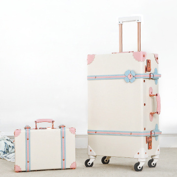 Retro Vintage Luggage Set: 2 Pieces with Spinner Wheels - Large 24" Trunk & Small 12" Train Case