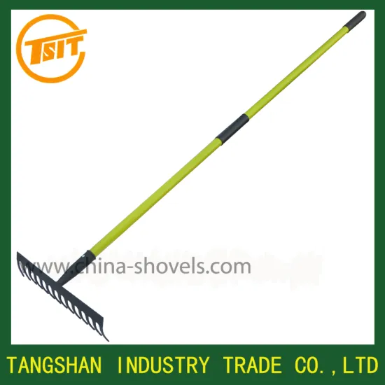 metal garden rake head with long fiberglass handle