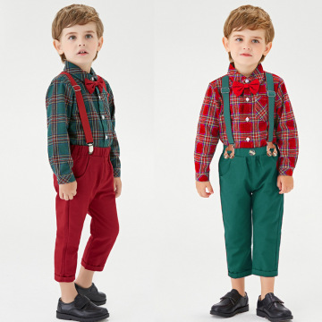 子供のクリスマススーツボーイズ格子縞の長袖の綿