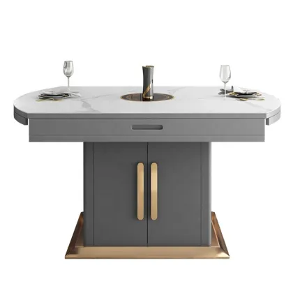 Extendable Round Folding Stainless Steel Tempered Glass Dining Table with Induction Cooker
