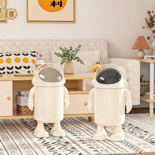 Elegant Plastic Trash Can with Cute Space Man Design