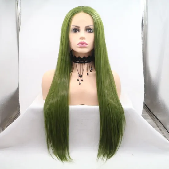 Vigorous mono long green premium high quality straight wholesale black women synthetic hair wigs with lace front