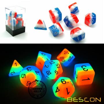 Bescon Glowing Polyhedral Dice 7pcs Set FRENCH KISS, Luminous RPG Dice Glow in Dark, DND Role Playing Game Dice