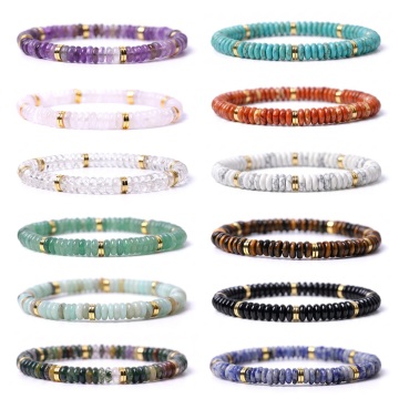 Gemstone Disc Beaded Bracelet Natural Stone D6X2MM Disc Beads Bracelets Crystal Beads with Gold Spacer Stretch Bracelet 7.5"