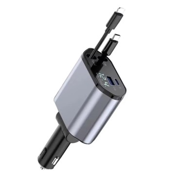 4 in 1 120W Retractable Car Charger Adapter with Type-C and Lightning for iPhone 14/13, Samsung, Xiaomi