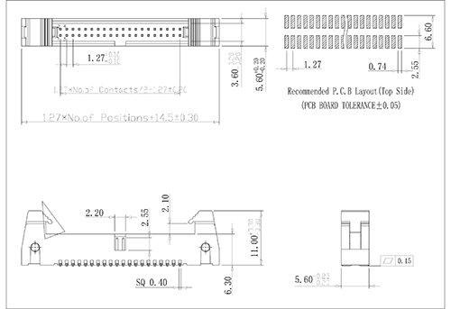 Dual fila 1.27 mm (.050 &quot;) Encabezado de eyector de pestillo SMT 180 °