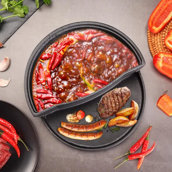2-in-1 Cast Iron Shabu Shabu Hot Pot and Frying Plate Metal Sauce Pans for Cooking