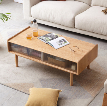 Modern Nordic Solid Wood Glass Sliding Door Coffee Table