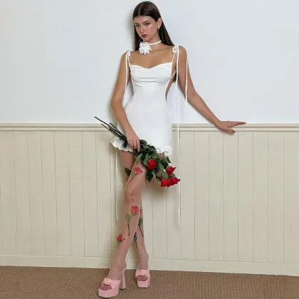 Women's Fashion Rose Skirt Halter Solid Color Backless Mini Dress