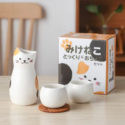 Elegant Japanese Sake Set with Cute Cat