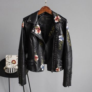 Black Punk Floral Embroidery Faux Leather Jacket with Turn-down Collar