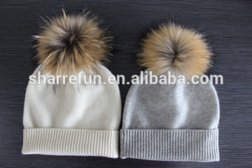 factory wholesale 7gg plain knit women cashmere hat with raccoon fur pompom